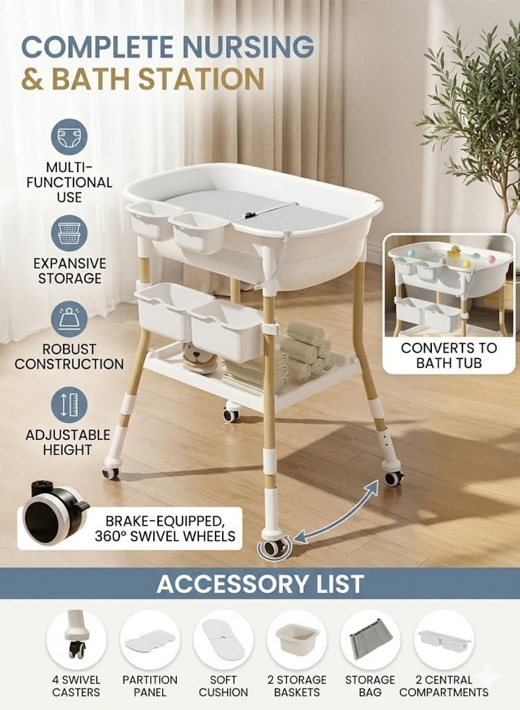 Portable Baby Diaper Changing Table with Bathtub Function, Height Adjustable Baby Changing Station with Wheels, Safety Belt, Storage Baskets & Drain Pipe for Babies Under 2 Years