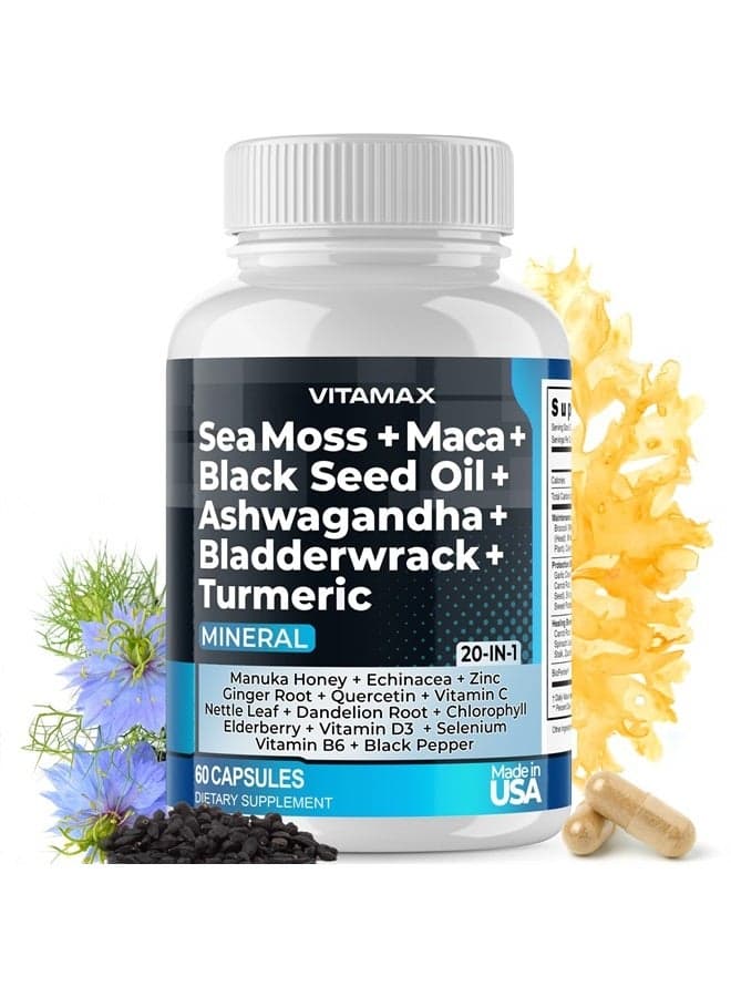 Sea Moss 3000mg Maca 1000mg Black Seed Oil 2000mg Ashwagandha 1000mg Bladderwrack, Turmeric - Manuka, Elderberry, Vitamins C & D3, Chlorophyll, Zinc, Black Pepper - Made in USA (60 Count (Pack of 1)