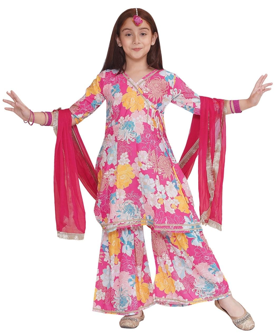 Preneum Girls's Cotton Rayon Printed Angrakha Kurta with Sharara & Dupatta, Pink, 13-14 Years