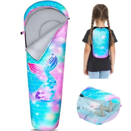 FIOBEE Kids Sleeping Bag for Girls Boys 3 Season Warm & Cool Weather Youth Camping Sleeping Bags with Backpacking Bag Waterproof for Traveling Hiking Indoor Outdoor Camping Essentials, Green Mermaid