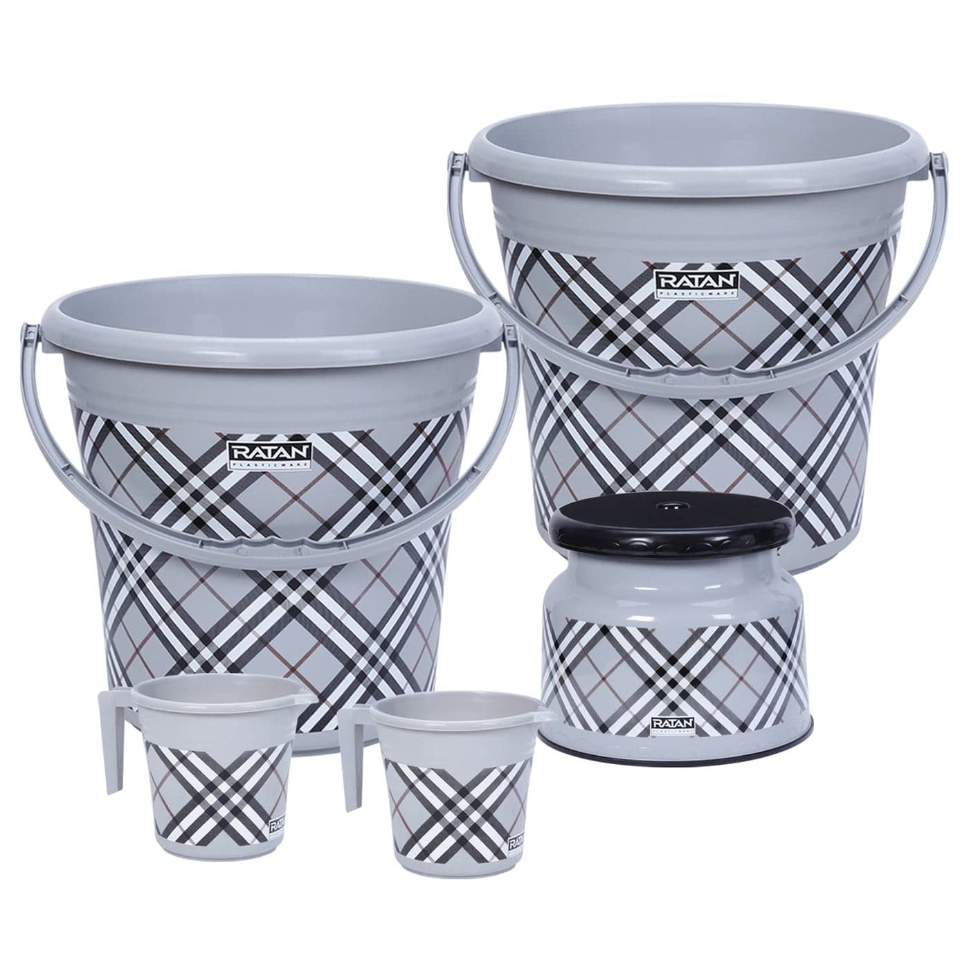 RATAN PLASTICWARE Pack of 5 Bathroom Full Set Combo 20L Bucket X 215L Mug X 2 Nova Patla Stool 107 X 1 Bath Sets for Home Kitchen Frosty Checks Print Grey