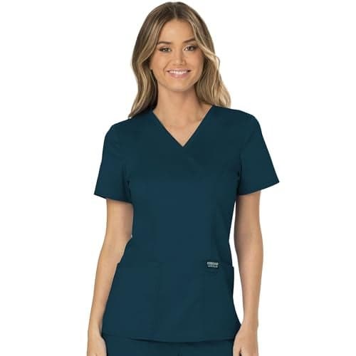 Cherokee Scrubs Top for Women Mock Wrap with 3 Pockets, Soft, 2-Way Stretch & Durable Fabric Plus Size - WW610, 2XL, Caribbean Blue