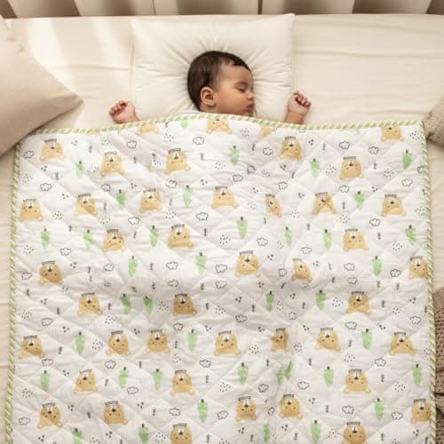 HOMEMONDE 100% Cotton Reversible Kids Blanket (0-5 Yrs) | Soft, Cozy & Warm | Triple Layer | Safe & Chemical-Free | All-Season Use | 48 x 48 (122CM x 122CM) - Dreamy Bear