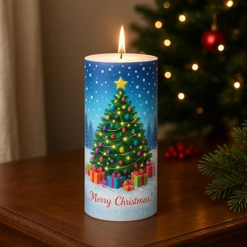AuraDecor Christmas Theme Pillar Candle | 3x6 Inch | White Candle | Xmas Candle | Santa Claus | Home Decor (Christmas Tree with Stars)