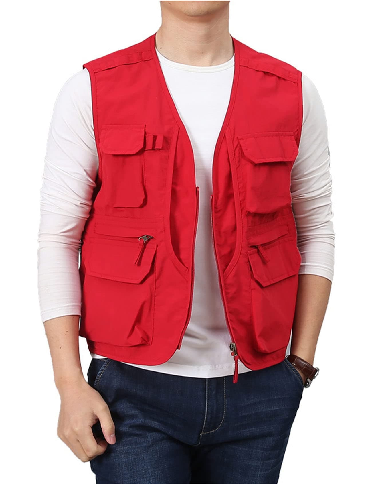 Flygo Mens Utility Cargo Vest Outdoor Summer Work Photo Fishing Safari Travel Vest with Pockets01RedXS