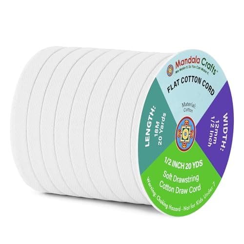 Mandala Crafts White Flat Drawstring Cord Drawstring Replacement 12 Inch 20 YDs White Soft Drawstring Cotton Draw Cord Hoodie Sweatpants Drawcord Replacement