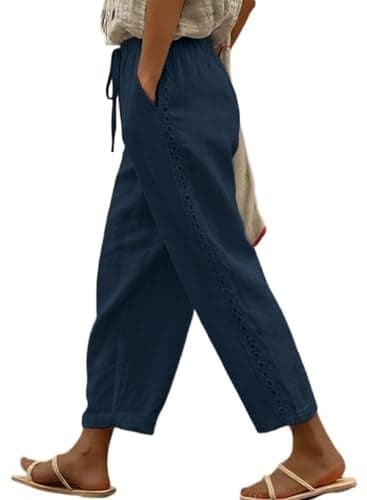 Acelitt Women Casual Linen Pants Fall Fashion 2026 Lightweight Drawstring Elastic Waist Capri Ankle Pants with Pockets Blue Small