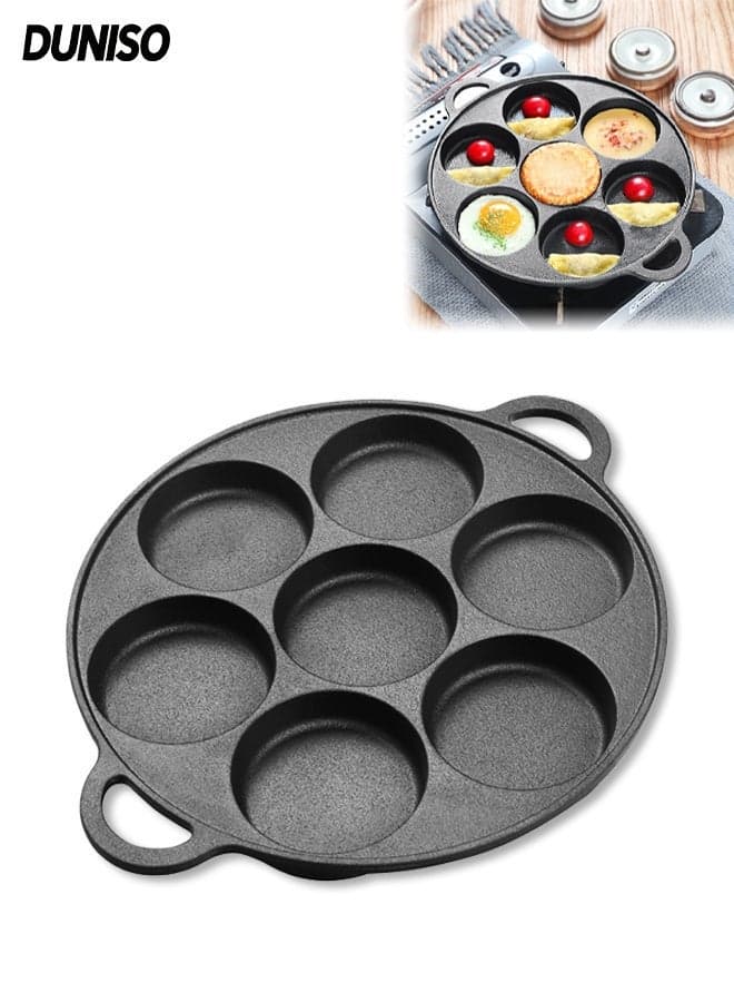 7-hole Frying Pan, Cast Iron Egg Burger Machine,Non Stick Pancake Griddle and Deep Fried Egg Mold, Crepe and Egg Cooker for Kids, Suitable for Induction, Gas, Ceramic, and Electric Cooktops