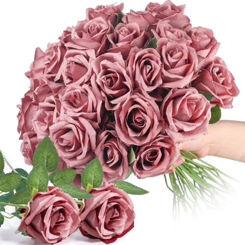 Thiccywoov 30 Pcs Rose Artificial Flowers in Bulk Real Touch Long Stem Silk Roses Bouquets Realistic Faux Flowers for Wedding Bridal Shower Home Decor Floral Arrangements Table Centerpiece(Dusty)
