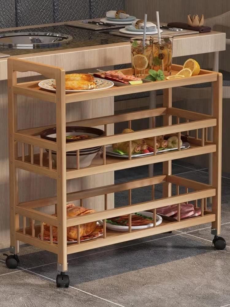 Mugath Bamboo Storage Cart 3Tier Bamboo Serving Trolly Kitchen Cart with Shelf Height and Wheels for Bar Pantry Bathroom Laundry Room Living Room Utility Cart MultiLayer Storage Shelf