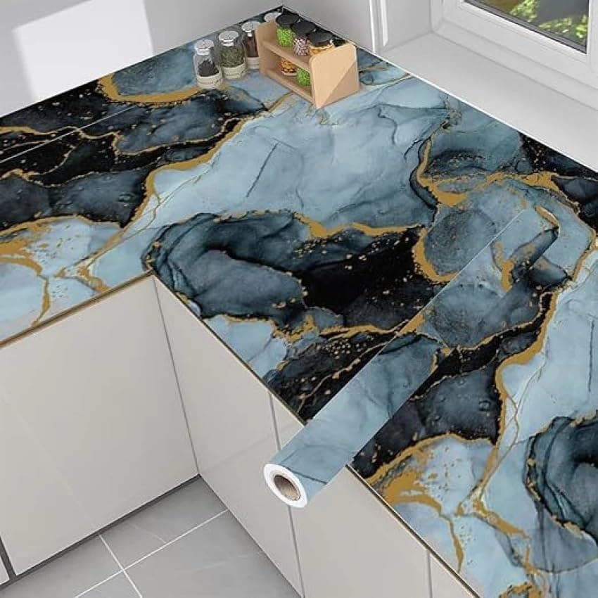 Premium Wall Stickers DIY Vinyl Marble Peel and Stick Waterproof Wallpaper for Home-Office-Bedroom Kitchen Countertop Wooden Furniture Oil Proof Kitchen Stickers (1, Green Gold Veins(60X200cm))