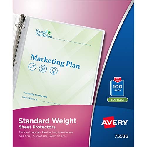 Avery Semi-Clear Standard Weight Sheet Protectors, Top Load, 100 Document Protectors (75536)