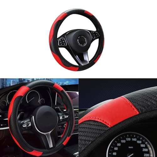 Tioollev Car Steering Wheel Cover 15 inch Carbon Fiber Microfiber PU Leather Elastic Steering Wheel Protector for Men WomenUniversal Durable Car Decorative Fit for Most Cars Trucks SVU Red