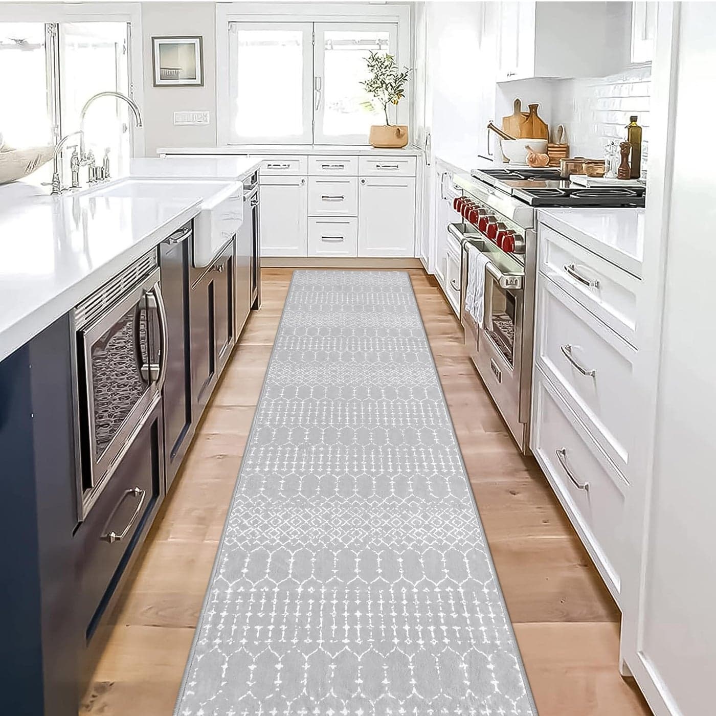 Lahome Moroccan Washable Rug Runner 2x10 NonSlip Runner Rug for Kitchen Stain Resistant Grey Carpet Runners for Hallway 10 Ft Modern Geometric Print Soft Floor Carpet for Bathroom Entryway Foyer