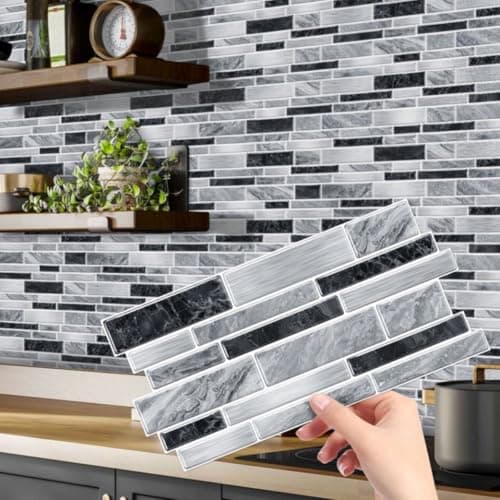 Heikki PeelandStick SelfAdhesive Wall Tiles 4797inch Kitchen Bathroom Splashback Tiles Marble Pattern Design 48Piece Set BlackGray