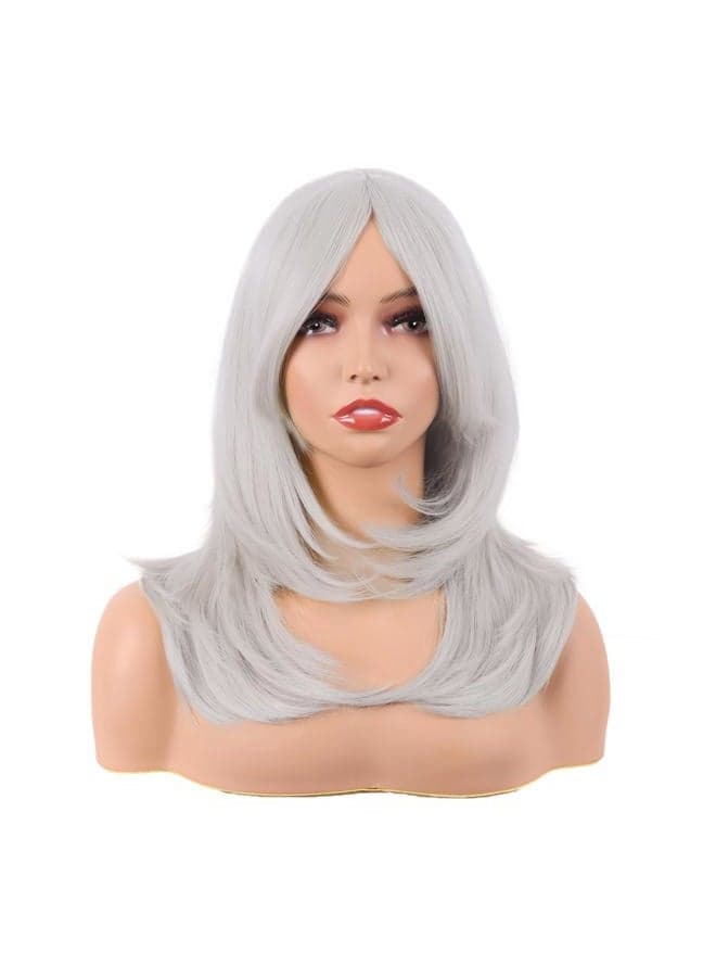 20 Inches / 50 cm Length Layered with Fringe Straight Synthetic Fibre Shoulder Long Hair Fibres for Daily Wig (Silver)