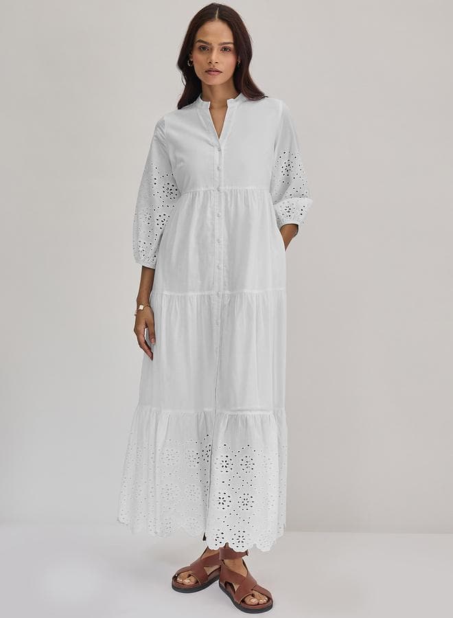 White Cotton Schiffli Tiered Maxi Dress