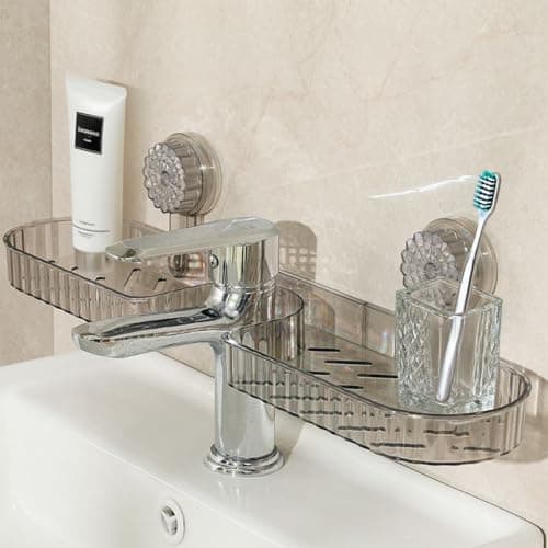 HASTHIP® Wall Storage Tray for Wash Basin, Dual Drain Tray Design, Strong Suction Cup Wall Organizer for Hand Soap, Sponge, U-Shaped Contour-fit Storage Rack for Kitchen & Bathroom