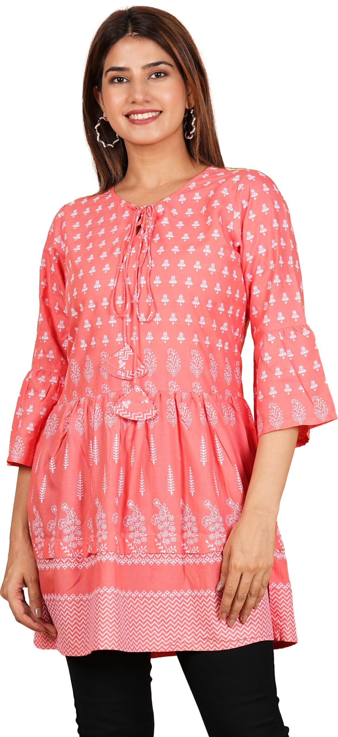 Yash Gallery Women's Rayon Floral Printed Bell Sleeve Round Neck Short Kurta Top (Peach, Small)