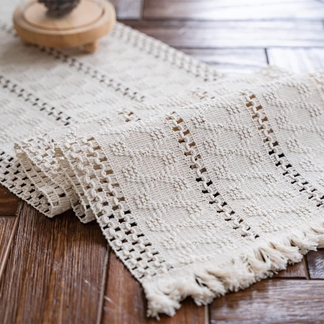 Alynsehom Macrame Table Runner Cream Beige Boho Table Runners with Tassels Hand Woven Cotton Table Runner Rustic Farmhouse Table Runners for Bohemian Kitchen Dining Table12x36in