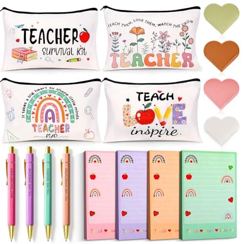 Teacher Appreciation Gifts Bulk 16Pcs Gifts for Women with Teacher Survival Kit Makeup Bags Bookmarks Notepad and Pens Christmas Valentines Gifts for Appreciation