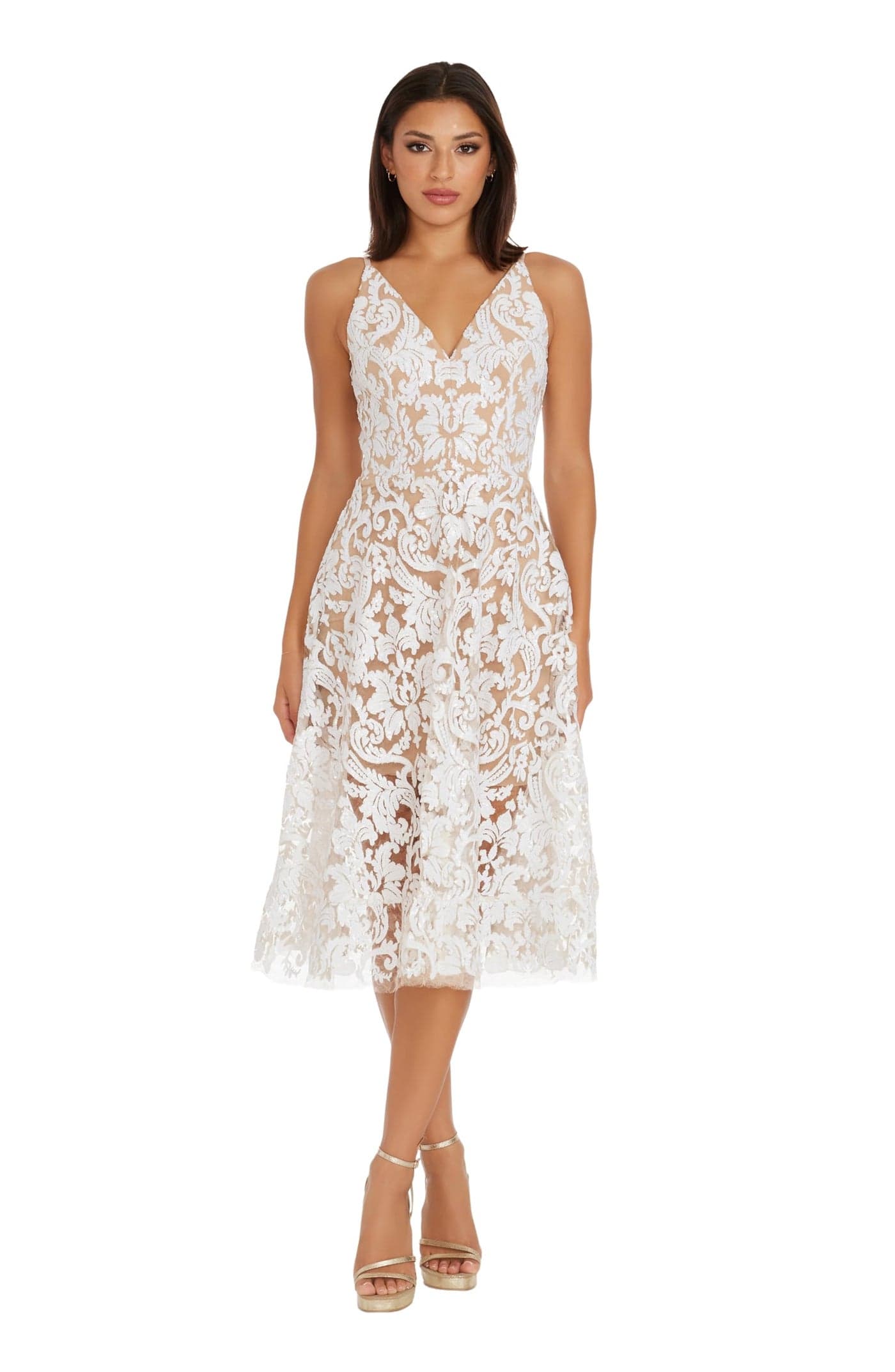 Dress the Population Women's Blair Lace Sequin Fit & Flare, White/Nude, M