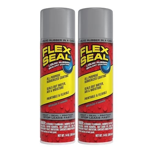 Flex Seal, 14 oz, 2-Pack, Gray, Stop Leaks Instantly, Waterproof Rubber Spray On Sealant Coating, Perfect for Gutters, Wood, RV, Campers, Roof Repair, Skylights, Windows, and More