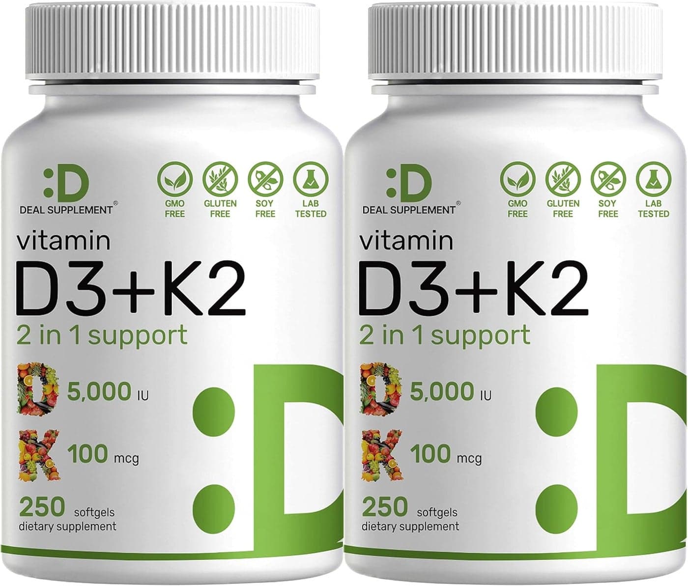 DEAL SUPPLEMENT 2 Pack Vitamin D3 5000 IU K2 MK7 Softgels 500 Count 2in1 Complex Supports Heart Bone Teeth Immune Health Easy to Swallow