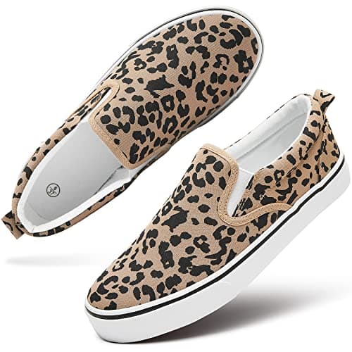 Women's Canvas Slip On Sneakers Fashion Flats Shoes White Canvas Shoes (Leopard, US6)
