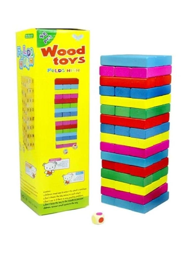 48-Piece Wooden Coloured Tumbling Tower Toys With Dices 10x10x10cm