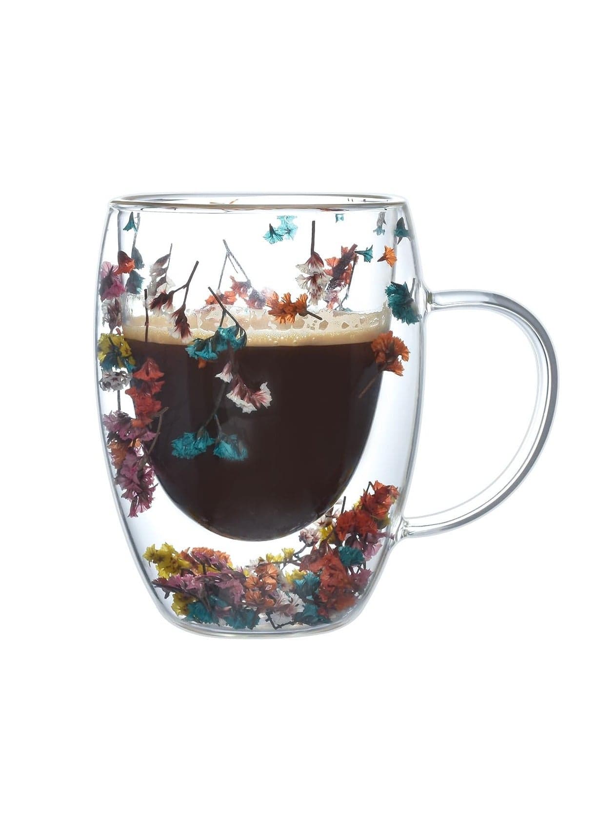 Double Walled Glass Coffee Mug with Handle, Insulated Layer Cup, Demitasse Clear Cups Flower, Perfect for Cappuccino Tea Latte Espresso Hot Beverage, 300ml