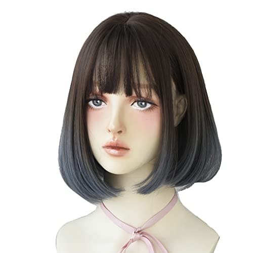 URCGTSA Short Bob Wigs with Bangs Women Party Cosplay Wigs Natural Looking Heat Resistant Fiber Hair Wig for Women Full Hair Straight Wigs (Haze blue)