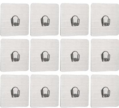 RIANZ Self Adhesive Wall Hooks Heavy Duty 10 Kg (Max) Nail Free Sticky Hangers with Stainless Hook Reusable Utility Towel Bath Ceiling and Kitchen (Pack of 12), Metal