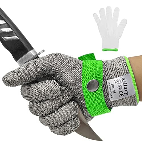 Aillary ANSI A9 Cut Resistant Kitchen Glove,Food Grade,Machine Washable,Stainless Stell Wire Metal Mesh Safety Work Glove for Mandolin,Meat Cutting,Oyster Shucking,and Wood Working (Medium)