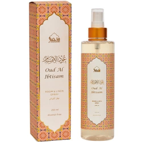 Oud Al Ibtisam Attar Al Faraash by Dukhni | 250ml Non Alcoholic Spray | Arabic Natural Mist | Air Freshener, Room Mist, Fabric & Linen Spray | Perfect for Prayer mats, beds, sofas, curtains