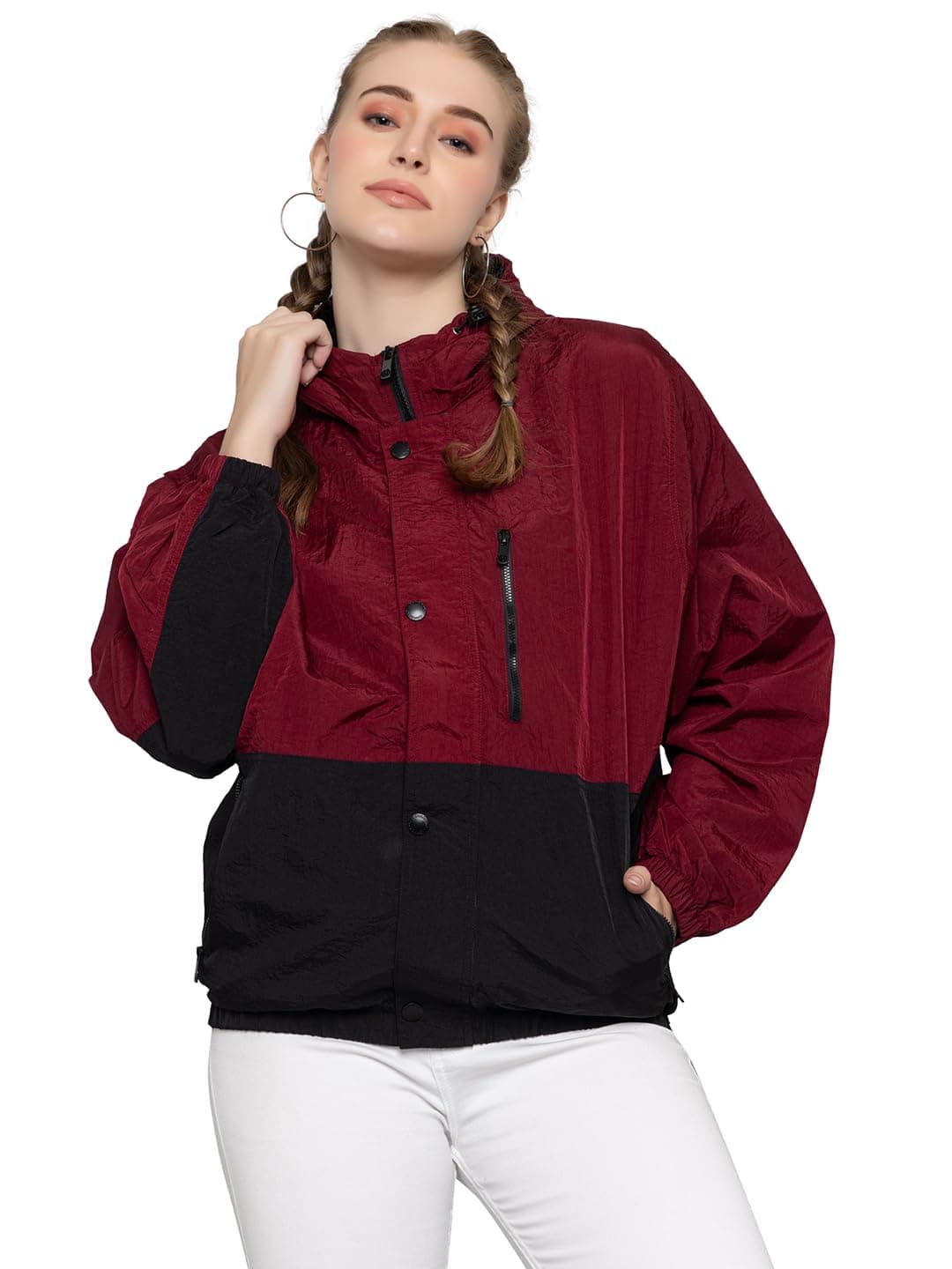 CHKOKKO Womens Stylish Oversized Windcheater Jacket with Zip Closure Lightweight Sportswear for Running Travel Hiking Outdoor and Rainy Season Wear WineBlack XL