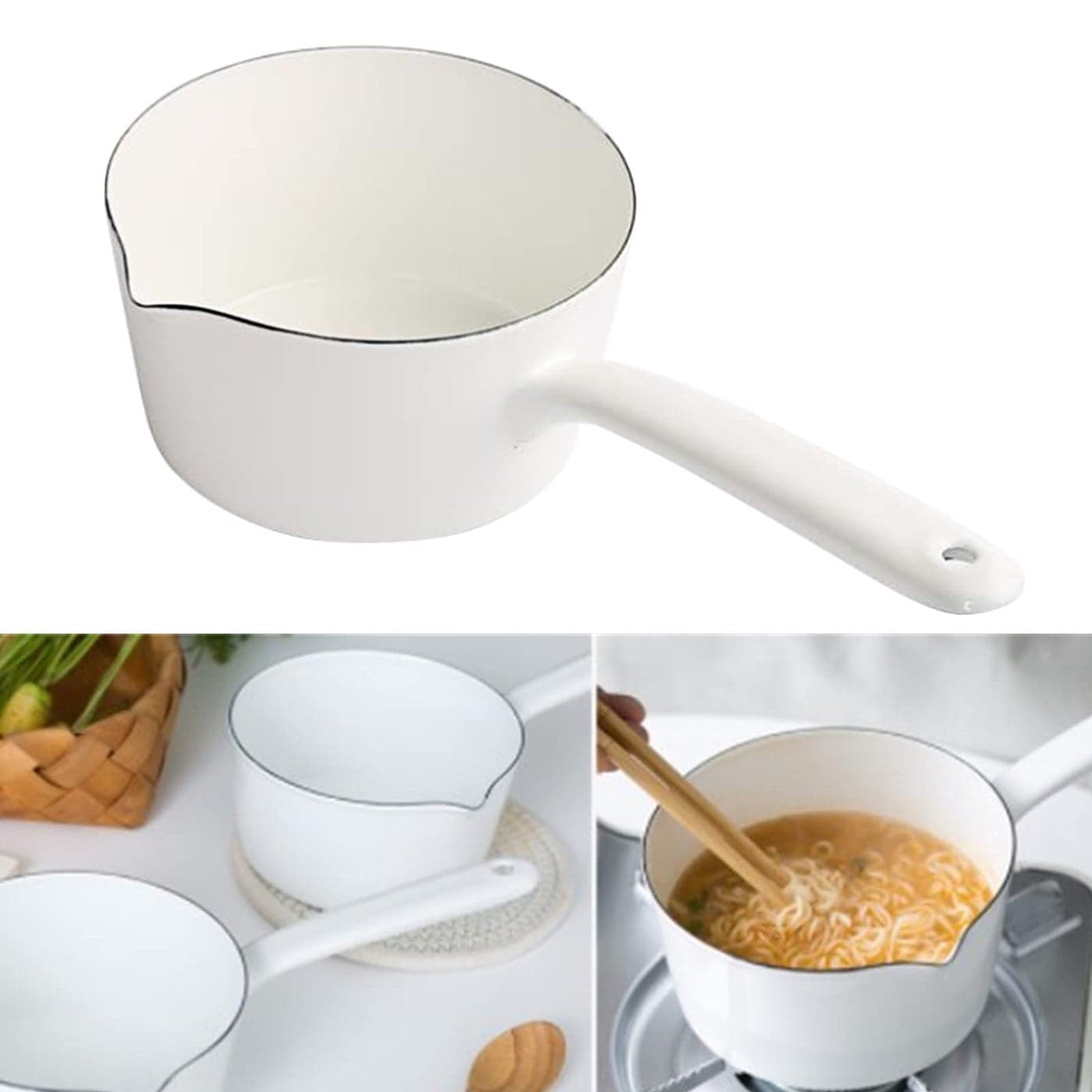 12L Saucepan Nonstick Milk Pan with Pour Spouts Butter Warmer Melting Milk Boiling Porridge Soup Saucepan Gas Stove Enamel Milk Pot with Handle for Home KitchenWhite