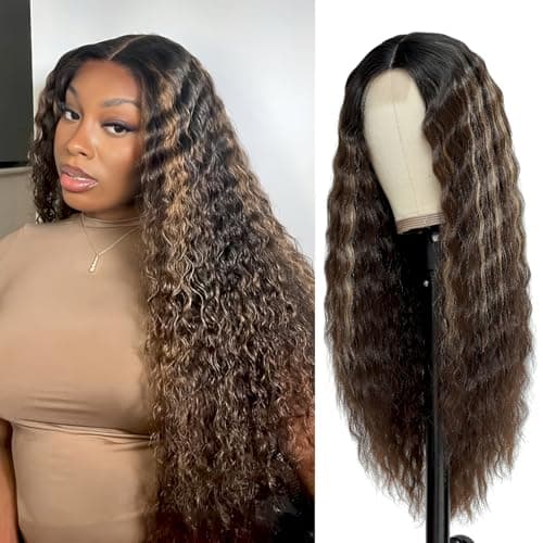 Mairead 28 Inch Long Curly Synthetic Wig for Women Ombre Synthetic Lace Front Wig Natural Crimps Curls Brown Highlight Deep Wave Wig 4 Fake Scalp Heat Resistant Fiber Hair for Daily Party