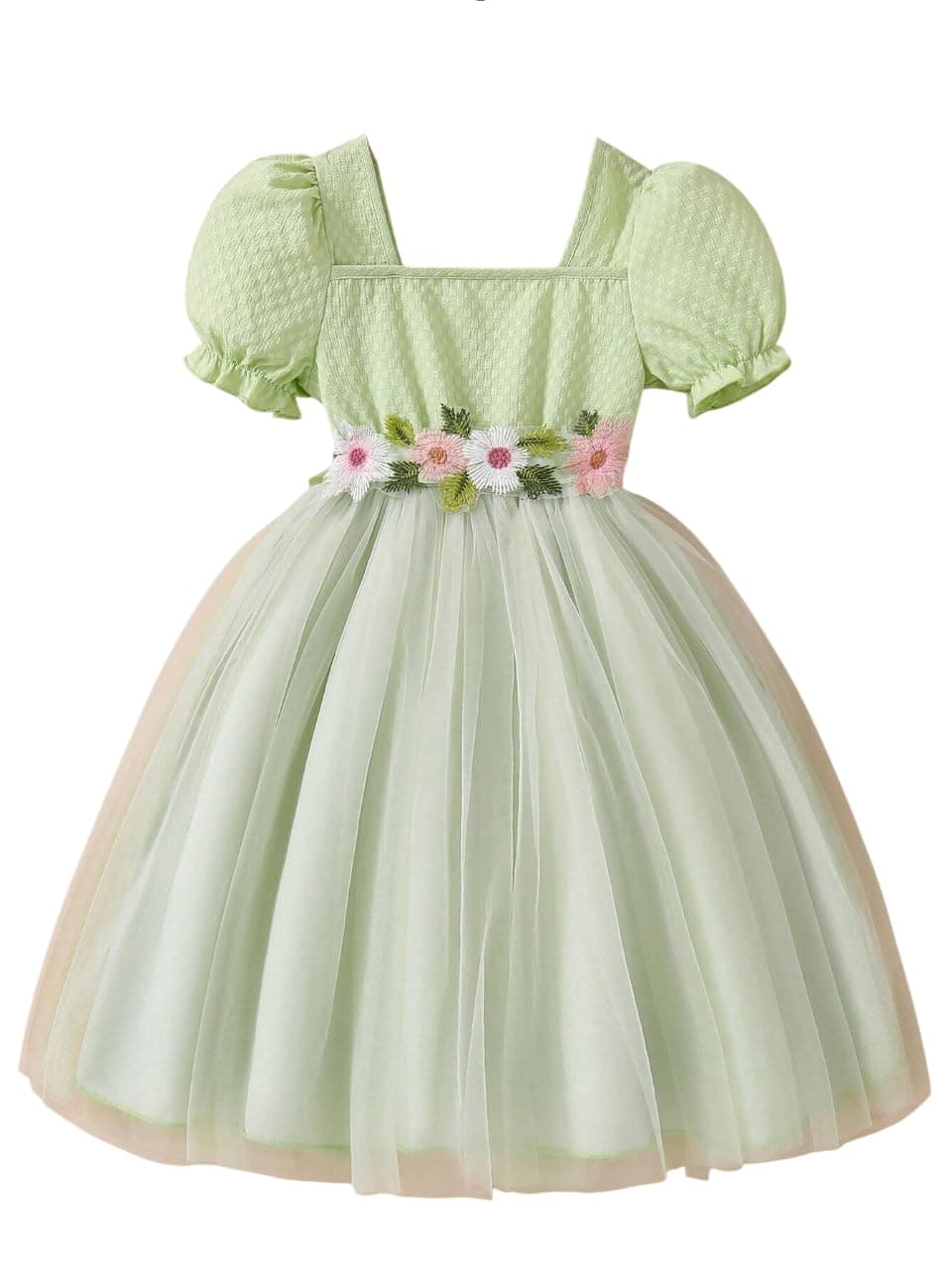 TAGAS Girls' Princess|Puff Sleeve|Party Dress for Girls ||Fency|| Princess|Birthday ||(KD-397) Pista, Standard Length, Casual Dress