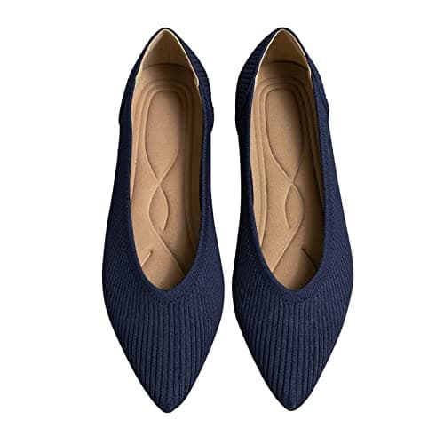 TINGRISE Women's Flats Shoes Pointed Toe Knit Ballet Comfortable Dressy Slip On Flat Navy US9