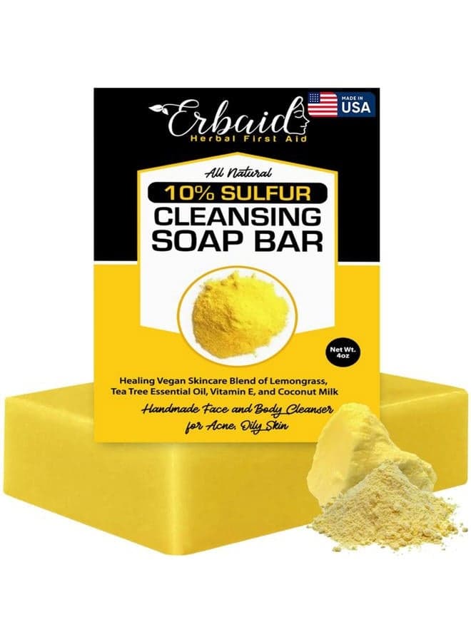 (118ml (Pack of 1)) - 10% Sulphur Soap Cleansing Bar for Face & Body - All Natural Facial Cleanser for Acne, Oily Skin - Healing Skincare Blend of Lemongrass, Tea Tree Essential Oil, Vitamin E, Coc...