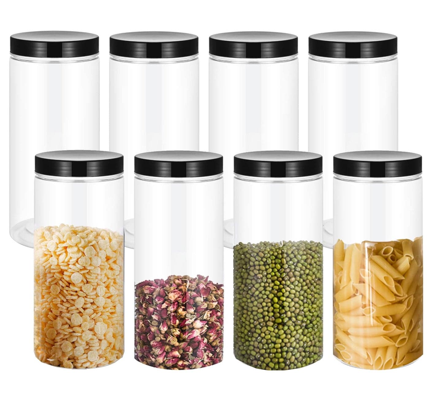 Lawei 8 Pack 34 oz Clear Plastic Jars with Black Lids Plastic Food Storage Jars for Kitchen Household Storage of Dry Goods Nuts Cookie and more