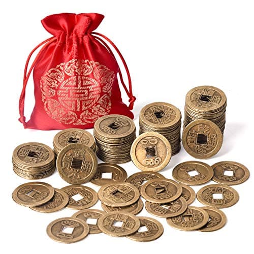 Coopay 120 Pieces Chinese Coins New Year Feng Shui Coins Good Luck Fortune I-Ching Ornament with Red Lucky Pouch for Health and Wealth (1 Inch)