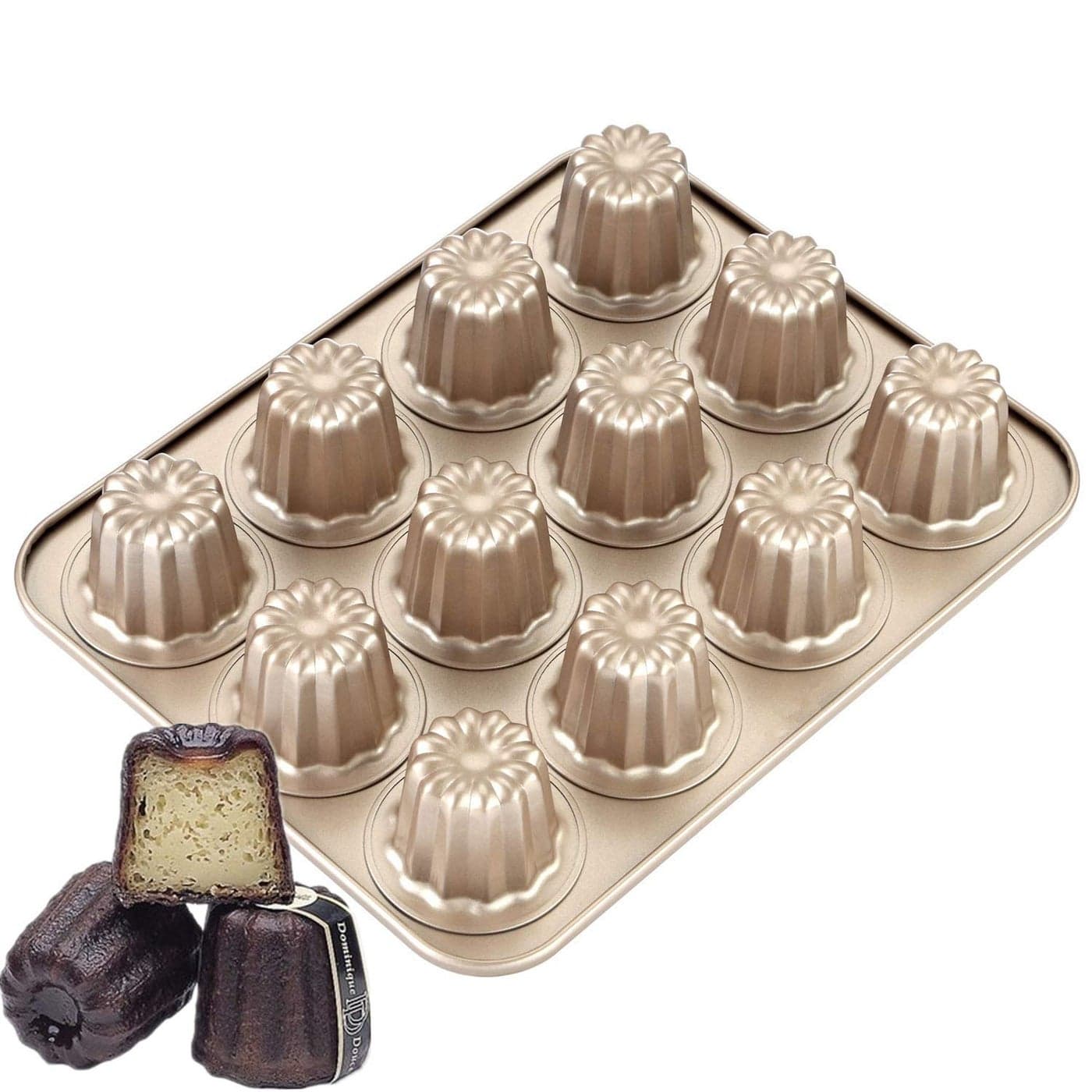 The Love 12Cavity Nonstick Canele Mold Baking Cake Pan for Bread Muffin Cake Baking Pan Gold