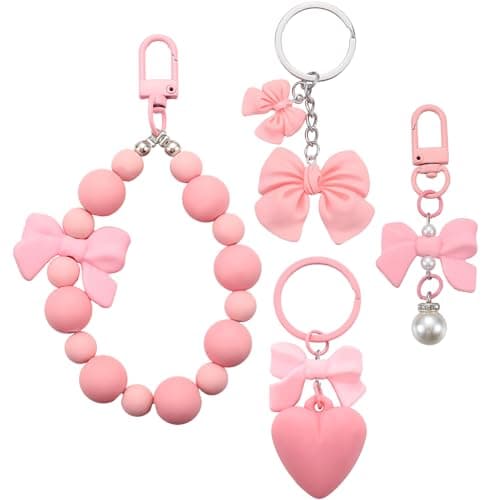 Sureio 4 Pcs Pink Bow Keychain Purse Bag Charm Pearl Preppy Beaded Keychain Wristlet Cute Coquette Pink Bow Accessories for Women Girl Bag Phones Keys