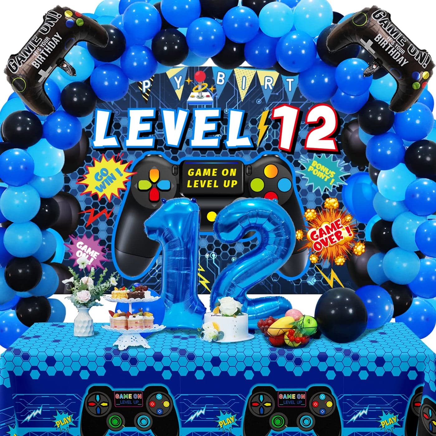 Vlipoeasn 90PCS Video Game Party Decorations for Boys Set Blue 12th Birthday Supplies Video Game Backdrop Balloons Tablecloth Gamer and 12 Foil Balloons