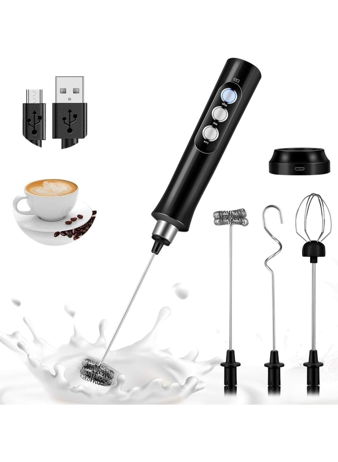 Handheld foam maker, USB charging electric foam maker, 3-speed adjustable, dual USB charging mode, with 3 stainless steel whisk, suitable for lattes, cappuccino, hot chocolate, eggs
