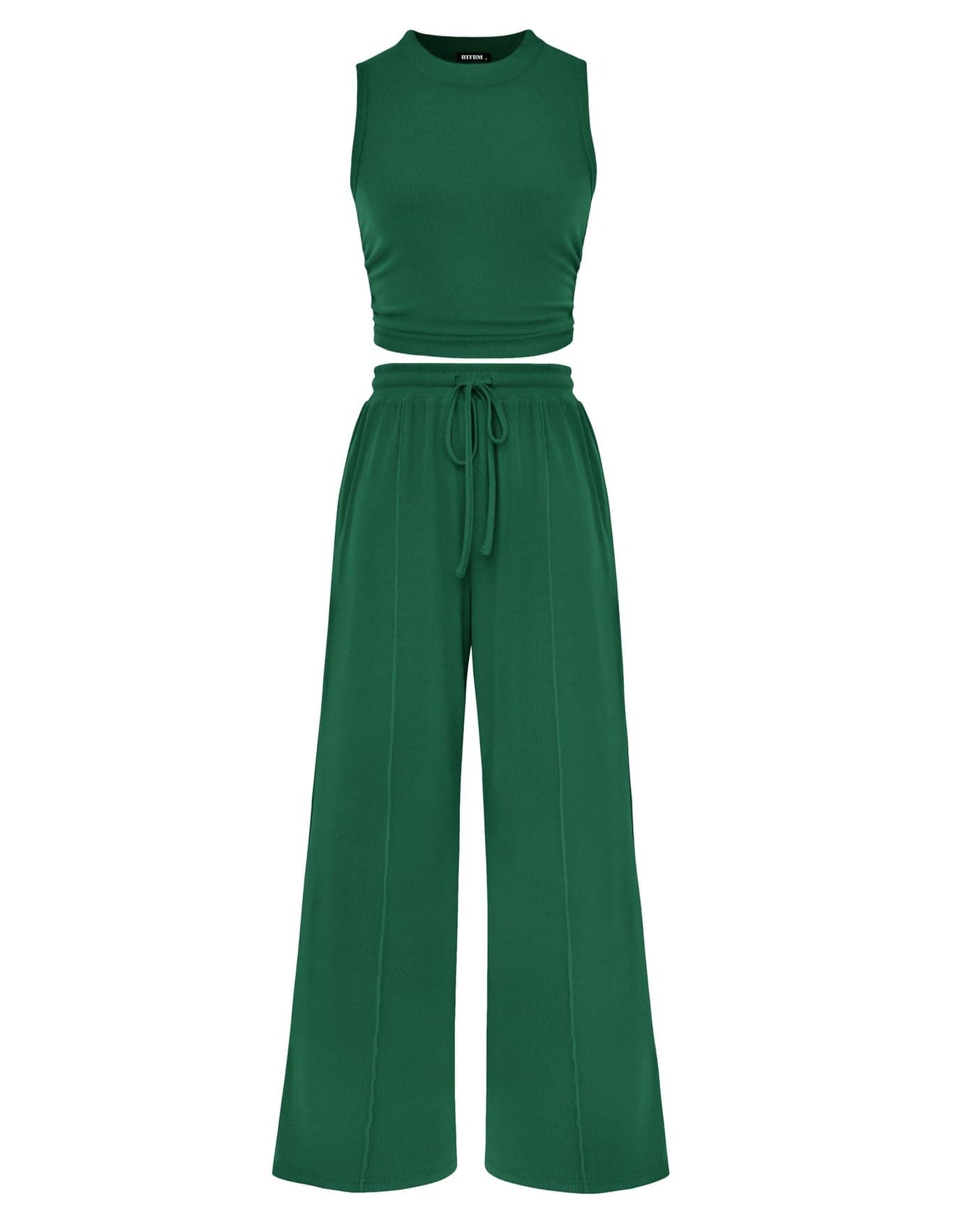 BTFBM Summer Outfits For Women 2026 Ribbed Sleeveless Tank Tops Wide Leg Pants 2 Piece Sets Lounge Set Clothing(Green, Small)