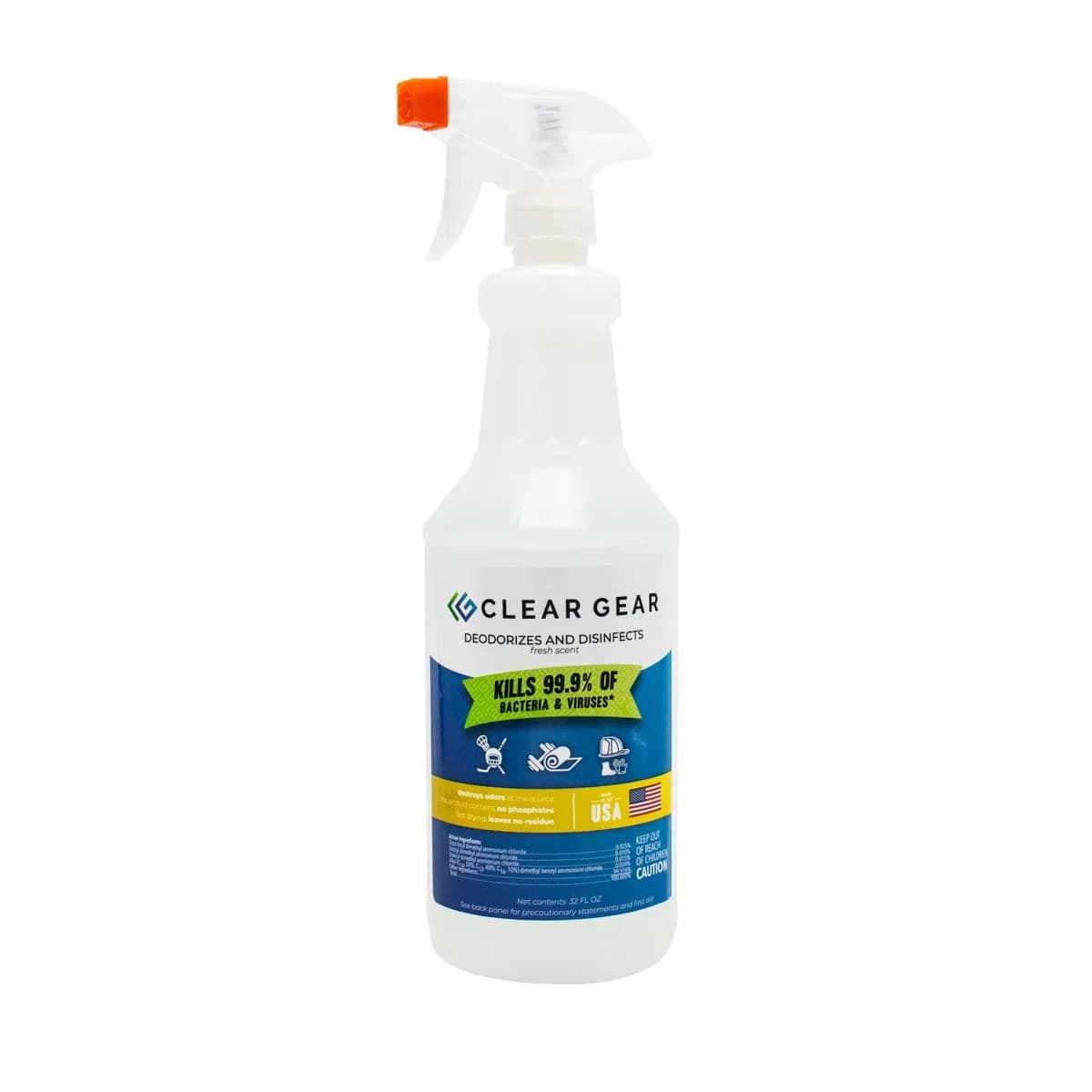 Clear Gear - Disinfectant, Cleaner, and Deodorizer For Sports Equipment, Gyms, and Fitness Centers - EPA-Registered, Hospital Grade, Made in USA - 1-Pack of 32 Oz Bottle Disinfecting Spray