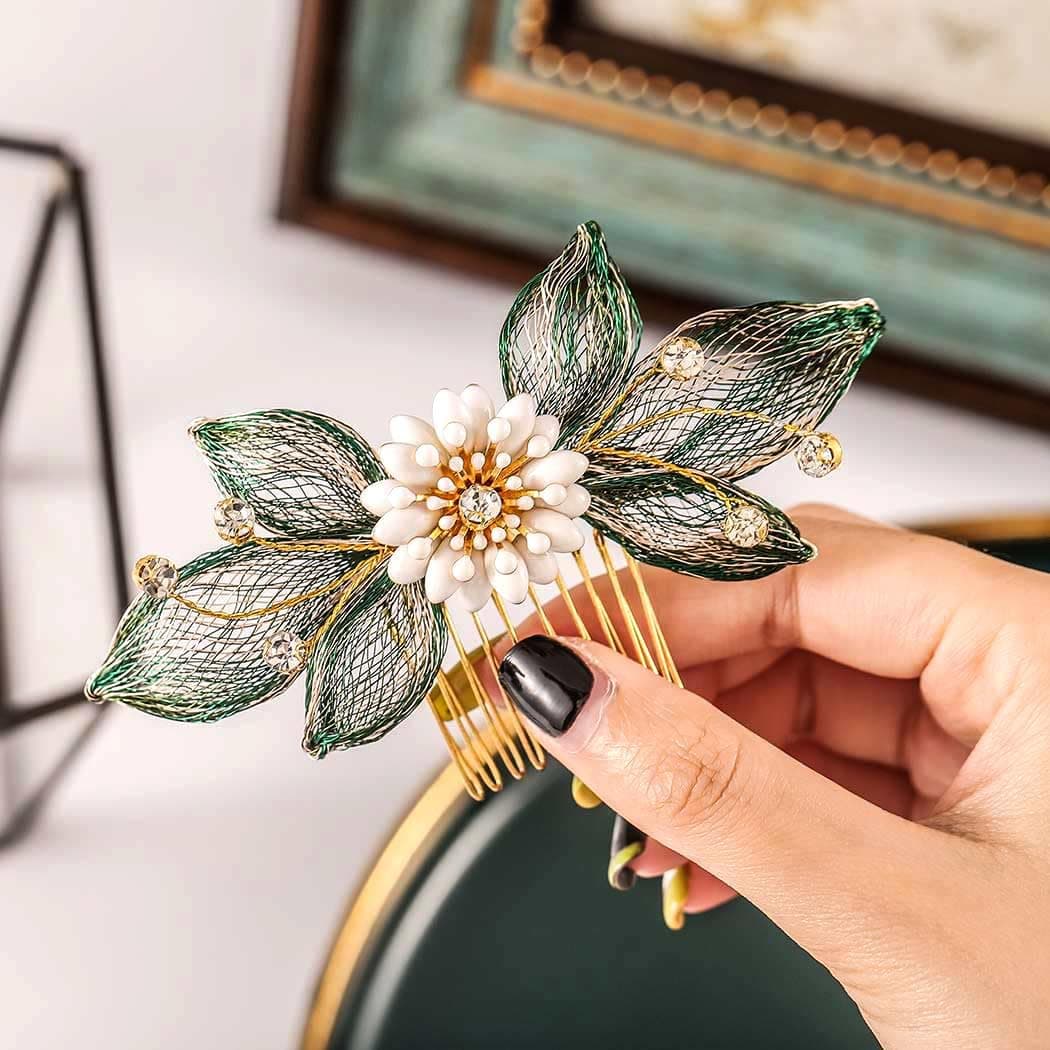 Casdre Flower Bride Wedding Hair Comb Gold Leaf Bridal Side Comb Hair Piece Party Prom Crystal Hair Accessories for Women and Girls A Green